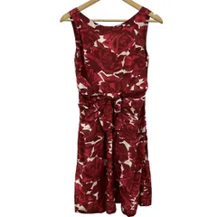 ケイトスペード ワンピース サイズ2 S レディース美品  - レッド×ボルドー×白 クルーネック/ノースリーブ/ひざ丈/シルク/リボン