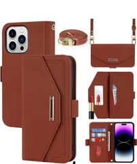【Hamany】 対応 iPhone 14 pro max ケース ショルダー 鏡 アイホン14プロマックスケース 手帳型 ストラップ付き ミラー カード収納 財布 スマホケース iphone 14 pro max クロスボディケース 肩がけ  カバー -茶褐