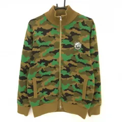 【美品】ジャックバニー ニットジャケット ブラウン×グリーン カモフラ柄 迷彩 裏地付き メンズ 5(L) ゴルフウェア Jack Bunny