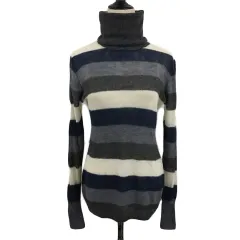 セオリーリュクス theory luxe セーター ニット タートルネック プルオーバー マルチボーダー 薄手 ウール カシミヤ混 長袖 38 グレー 白 ホワイト