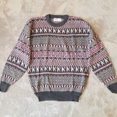 EROS／レトロ総柄 ニット セーター ユニセックス 古着感 ピンク×濃グレー L相当 アクリル ウール混