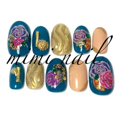 現品限り グリーン＆和柄ネイルチップ 成人式ネイル ハンドメイド オーバル小さめサイズ ジェルコート済