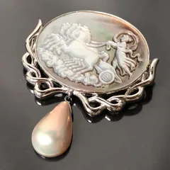2way ブローチ ペンダントトップ SILVER925 シルバー 真珠 ドロップ型 重量約21g カメオ 女神 馬車 楕円 レディースアクセサリー■S111