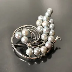 パール ブローチ SILVER シルバー 重量約13g 真珠 真珠直径 約6.0～6.5mm リーフ ブルー グレー レディースアクセサリー■S113