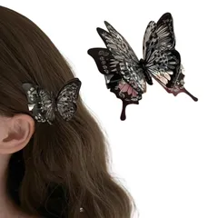 前髪 蝶 ヘアピン ヘアクリップ 髪留め 髪飾り グラデーション色 女性 ガールズ 和装 浴衣 和風 着物 ヘアアクセサリー プレゼント (黒)