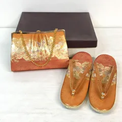 【お買得良品・匿名OK・送料無料】草履 バッグ セット LLサイズ ／ 豪華古典柄 オレンジ金 [25cm] 振袖・留袖に