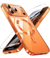 ★JUESHITUO iPhone 17 Pro Max 用の ケース マグネット搭載 MagSafe充電対応 一体型レンズ保護 黄変なし 1Xスクリーン保護付き 米軍MIL規格 ストラップホール有り  クリア 6.9 インチ コズミックオレンジ