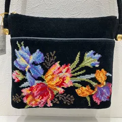 6684　FEILER フェイラー　ショルダーバッグ　小さめ　ミニ　花柄　フラワー　ブラック　黒　シュニール織り　きれいめ　上品　レディース