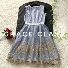 グレースコンチネンタル　グレースクラス　ノースリーブフレアドレス　Aライン　豪華ゴールド刺繍　ブルー　36サイズ　GRACE CONTINENTAL