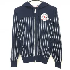 【美品】キャロウェイ ニットジップパーカー ネイビー×白 ストライプ 胸ワッペン レディース L ゴルフウェア Callaway