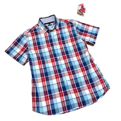 【美品】TOMMY HILFIGER トミーヒルフィガー メンズ XL シャツ ブルー×レッド系チェック CLASSIC FIT 綿100 送料無料