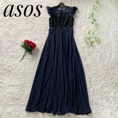 ASOS ロングフレアドレス マキシ丈 レース ネイビー 紺 パーティー 結婚式 USA4/UK8/EU36サイズ エイソス