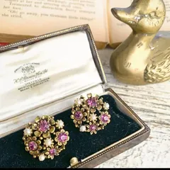 【イヤリング】LISNER リスナー　アメジスト×パール　4種フラワー　60’s USA