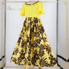フラダンス 衣装 ワンピース ドレス イエロー系 ハイビスカス柄 ハワイアンプリント アロハ ハワイアン 華やか 鮮やか かわいい 上品 ふんわり おしゃれ 大人っぽい ブラック系 黄 黒 フラ ダンス アウトドア 夏祭り ビーチリゾート パーティー