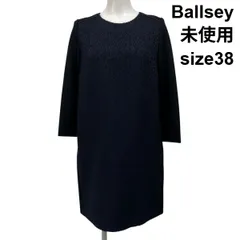 ■ 未使用 ボールジィ Ballsey 膝丈ワンピース 七分袖 柄 ネイビー 黒 ウール100％ 38 M 9号 レディース S5X576