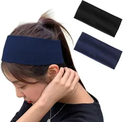 Rodrry Meche　ロドリーミシェ 幅広 リブ編み ヘアバンド 韓国 ファッション オシャレ 柔らかい ヘッドバンド ヘアターバン 髪留め 吸汗速乾 洗顔 ヨガ スポーツ メンズ レディース ユニセックス (ブラック ネイビー,  Free)