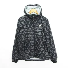 ルコックスポルティフ le coq sportif ジャンパー ブルゾン ウィンドブレーカー 長袖 フード ジップアップ 総柄 指穴 ロゴ 裏メッシュ M ブラック スポーツウェア ※EKM