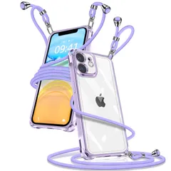 織りストラップ付き 斜めがけ 紐付き 長さ調整可能 携帯ケース TPU 軽量 薄型 取り外し可能 透明 縄掛けケース 斜めかけ 落下防止 肩掛け カバー アイフォン11 スマホケース 紛失防止 iPhone11 ショルダー クリア ワイヤレス充電対応(パープル