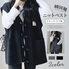ニットベスト ポケット付き レディース Vネック 未使用 リブ裾 ゆったり セーター 秋 冬 トップス 無地 ボタン留 前開き シンプル カジュア