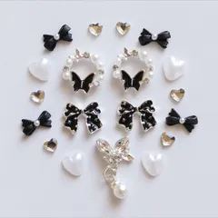 No.367　黒　リボン　ハート　蝶　ネイルパーツ　まとめ売り