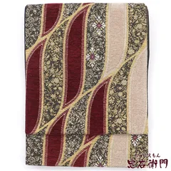 袋帯 フォーマル 正絹 六通柄 ベージュ 赤紫 黒金 抽象柄 ベルベット クリスマス 長さ430cm 幅30.5cm 和装 着物 仕立て上がり