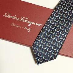 未使用級 サルヴァトーレフェラガモ Salvatore Ferragamo ネクタイ シルク100% ネイビー アニマル柄 タイガー 2511-390