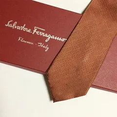 未使用級 サルヴァトーレフェラガモ Salvatore Ferragamo ネクタイ シルク100% オレンジブラウン ガンチーニ柄 2511-392