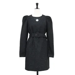【美品】MARY QUANT マリークヮント ワンピース ブラック 黒 サイズ:38(M) | ラメ チェック ツイード ワンピース / ドレス | 長袖 クルーネック ミニ丈 パフスリーブ ロゴ 刺繍 | トップス【レディース】【中古】