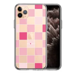 iPhone11pro ケース クリア ブロック チェック ピンク スマホケース 側面ソフト 背面ハード ハイブリッド