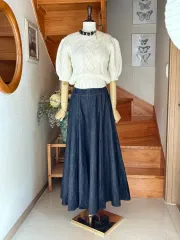 アイボリー ケーブル ニット + デニム ロング スカート
