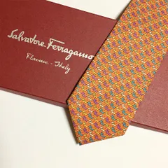 未使用級 サルヴァトーレフェラガモ Salvatore Ferragamo ネクタイ シルク100% オレンジ アニマル柄 ドッグ 2511-409