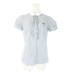 バーバリーブルーレーベル BURBERRY BLUE LABEL 半袖シャツ ラウンドカラー コットン ストライプ ロゴ刺繍 フリル 38 M 紺 ネイビー /AO25 ■GY11