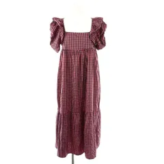 ザラ ZARA ギンガムチェックパフスリーブワンピース ミモレ ロング 半袖 S ピンク 紺 ネイビー /AT ■OS ■SH