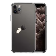 iPhone11pro ケース クリア 猫 リンゴ キャッチ ホワイト スマホケース 側面ソフト 背面ハード ハイブリッド