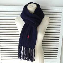 ラルフローレン スモールポニー ロゴ ケーブル編み ウール マフラー ネイビー