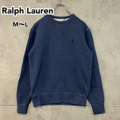 【人気定番】ラルフローレン スウェット トレーナー M-L相当 濃紺 杢ブルー 刺繍ロゴ クルーネック 裏起毛 コットンブレンド ラグランスリーブ 古着 ★ ◇■