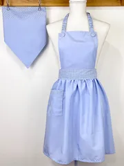 ブルーのお洒落なハンドメイド子供エプロンと三角巾のセット