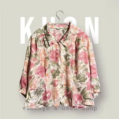 昭和レトロ花柄ブラウス　東京ブラウス　総柄シャツ　ヴィンテージブラウス　ピンク