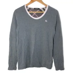 バーバリーブラックレーベル BURBERRY BLACK LABEL 長袖 Tシャツ カットソー ロゴ ラウンドネック レイヤード風 ホース刺繡 ワンポイント 2 M相当 グレー ピンク /X