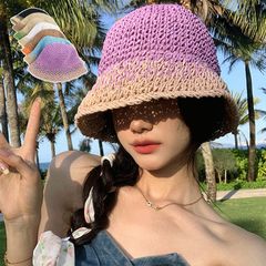 밀짚모자 배색 빨대 모자 작은 얼굴