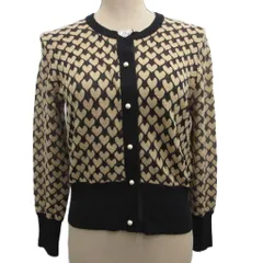 エムズグレイシー M'S GRACY 美品 カーディガン ニット ハート柄 ビジュー フェイクパール ウール 40 ベージュ 黒 ブラック GL-428544