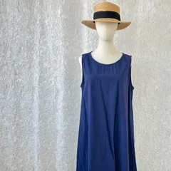 ネイビー Aライン ノースリーブ ワンピース フレア ゆったり体型カバー リネン風 無地 夏ワンピ