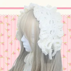 ハンドメイド　ヘッドドレス　イヤーマフ　オフホワイト　白　リボン　フリル　編み物　ロリィタ