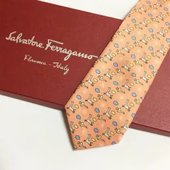 未使用級 サルヴァトーレフェラガモ Salvatore Ferragamo ネクタイ シルク100% ペールオレンジ アニマル柄 キリン トリ 2511-422