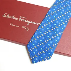 未使用級 サルヴァトーレフェラガモ Salvatore Ferragamo ネクタイ シルク100% ブルー アニマル柄 キリン トリ 2511-424