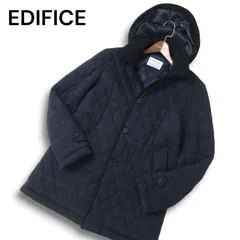 EDIFICE エディフィス 秋冬★ ウール チェック フーディー 中綿 キルティング コート Sz.48 メンズ 紺 ネイビー