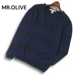 MR.OLIVE ミスターオリーブ 秋冬 ウール100％★ ボーダー 深Vネック ニット セーター Sz.S メンズ 日本製
