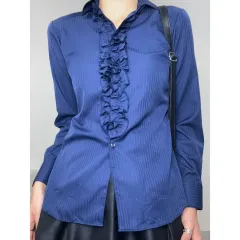 日本ヴィンテージ ネイビー フリル 長袖 ブラウス シャツ