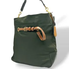 美品 トリーバーチ ショルダーバッグ 緑 ナイロン 2way A4収納可 トートバッグ ハンドバッグ 自立可 斜め掛け可 ゴールド金具 チャーム付き カーキ ブラウン レザー 本革 TORY BURCH