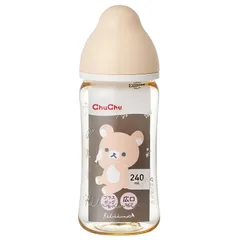 ChuChu（チュチュ） マルチフィット 広口タイプ プラスチック製 哺乳瓶 240mL リラックマ 新生児～卒乳まで 洗いやすい 専用キャップ・フード付き